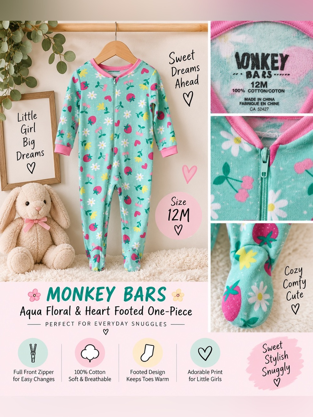 Monkey Bars Baby Girls 12M Aqua Floral Strawberry Footed Sleeper